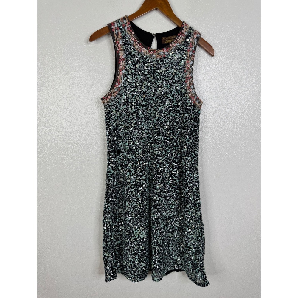 Varun Bahl Sequin Floral Embroidered Sleeveless Shift Dress Black Green Size 10